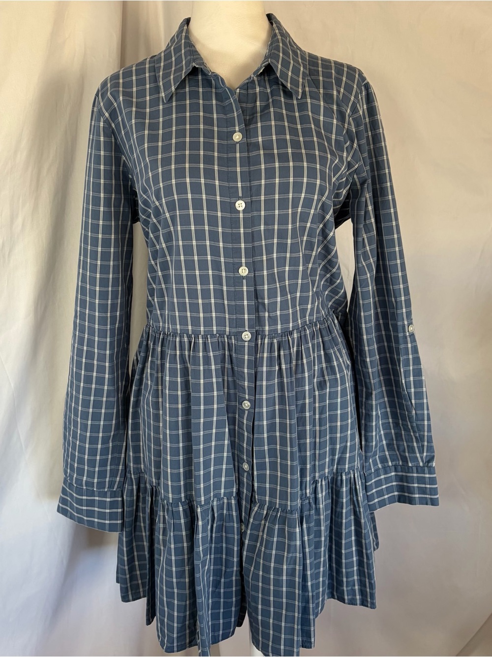 Veronica Beard Jamila Check Tiered Mini Dress Blue & White Windowpane Large - Picture 2 of 9